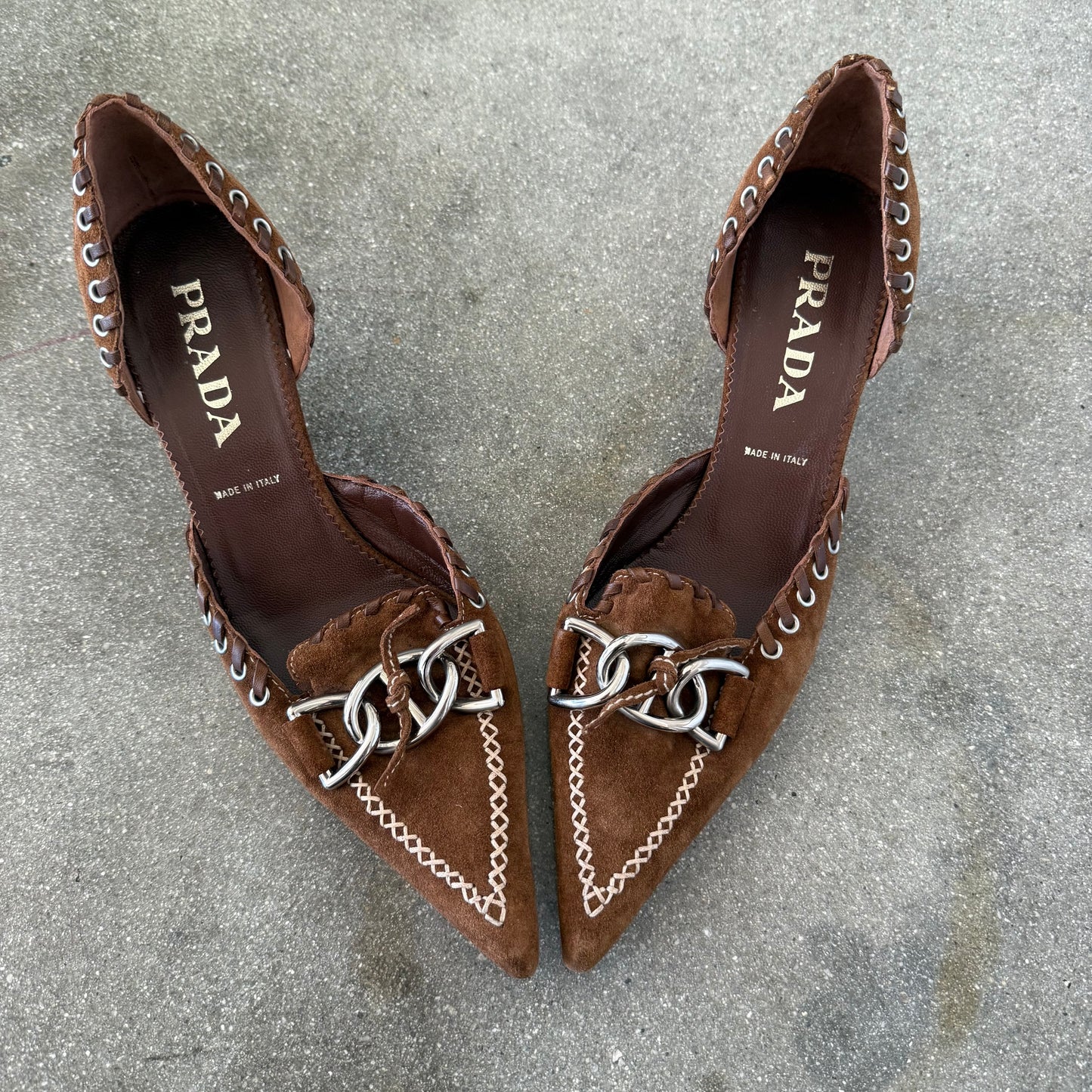 SS02 Prada Tobacco Suede Whipstitch Heels - US 10.5-11
