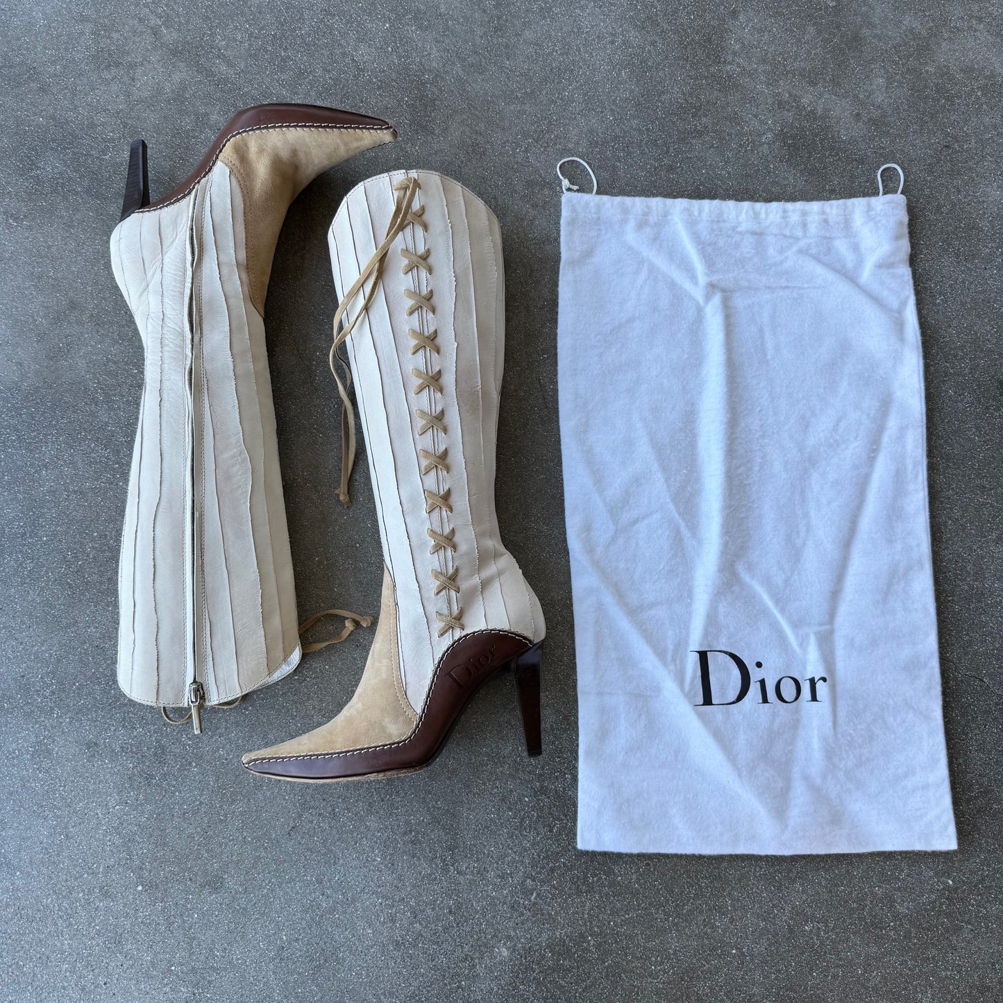 FW01 Galliano Dior Patchwork Leather + Suede Western Boots - US 6