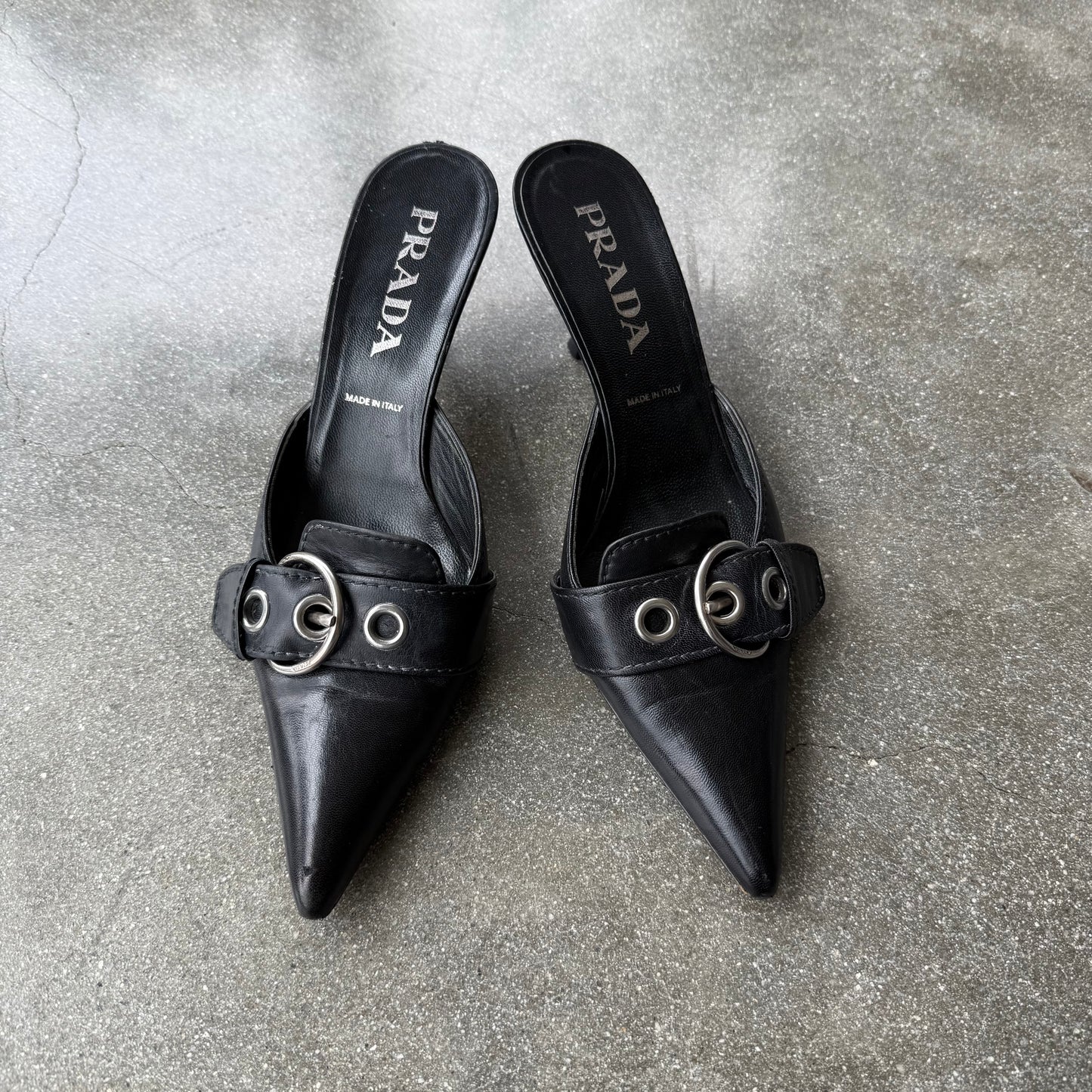 Spring 2002 Prada Black Leather Buckle Mules - US 8