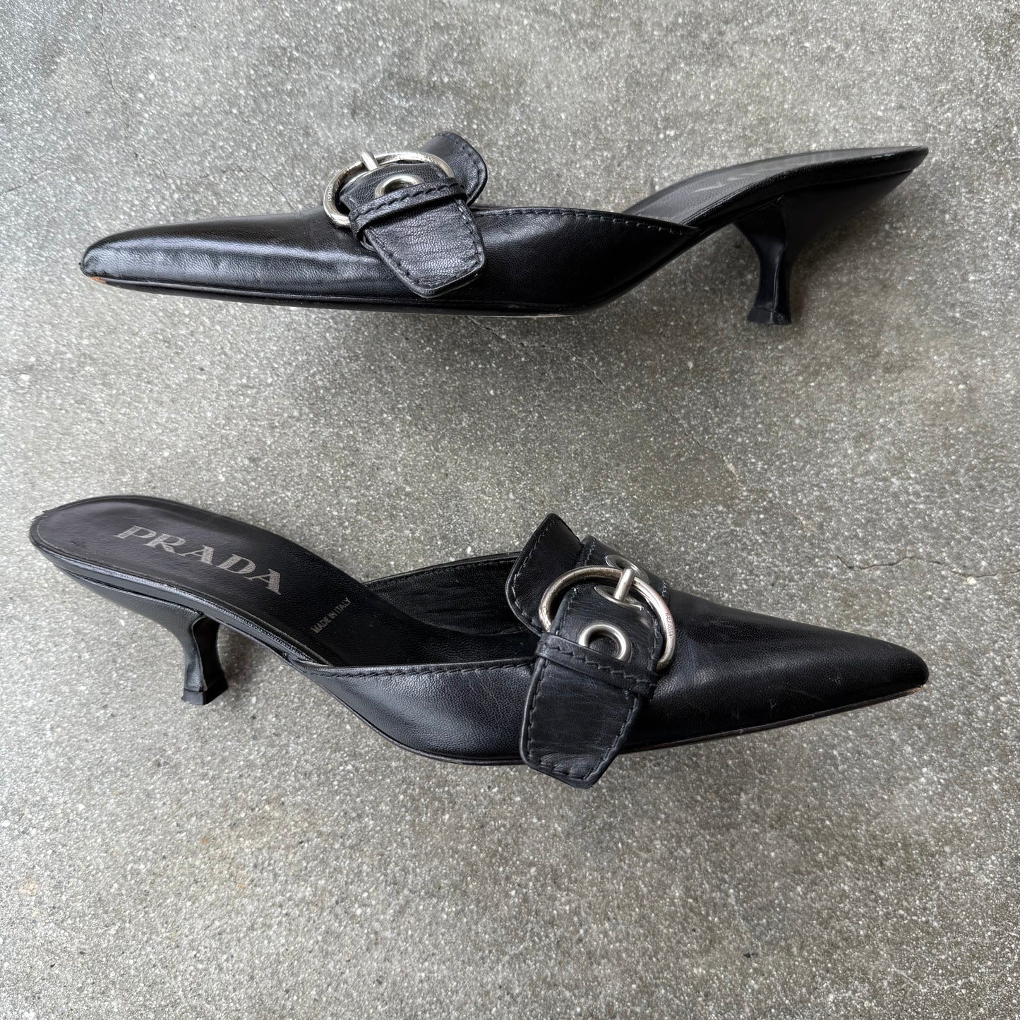 Spring 2002 Prada Black Leather Buckle Mules - US 8