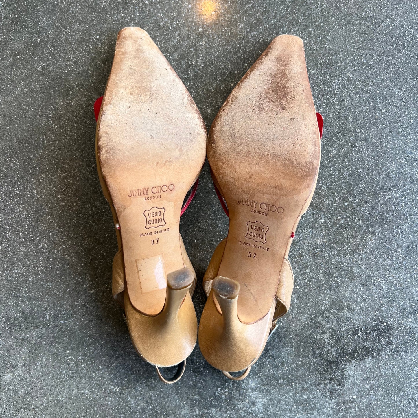 Jimmy Choo Leather Tan & Red Leather Rose Mules - US 6.5