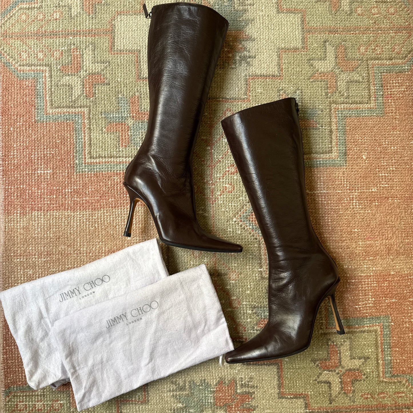 90s Jimmy Choo Kid Chocolate Stiletto Boots - US 5.5-6