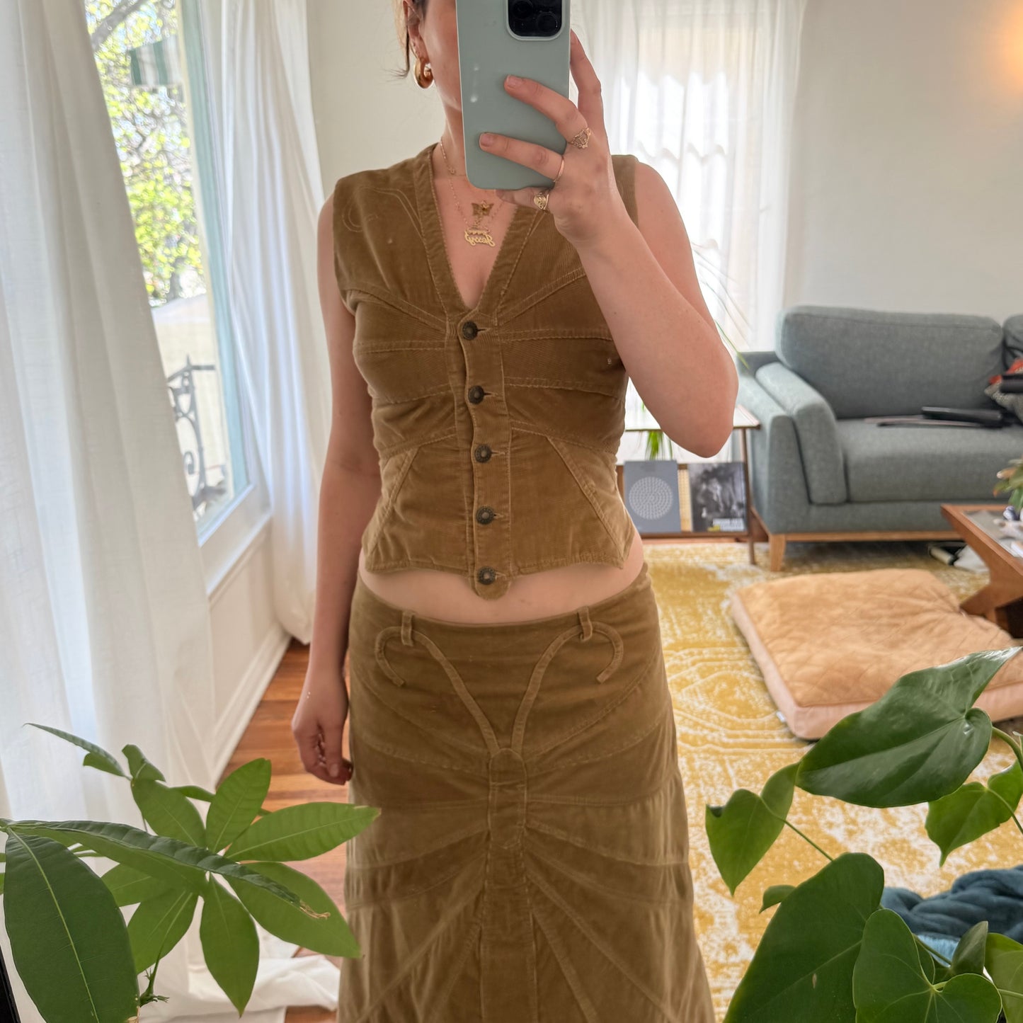F/W2002 Dolce & Gabbana Butterfly Corduroy Skirt, Vest & Jacket Set