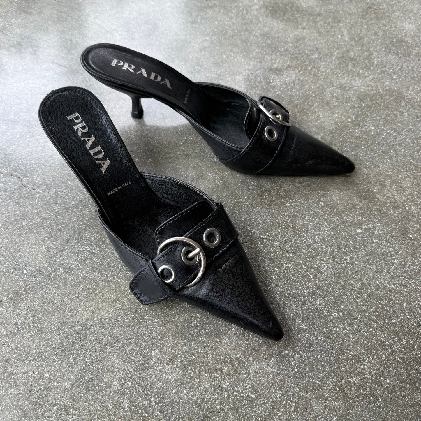 Spring 2002 Prada Black Leather Buckle Mules - US 8