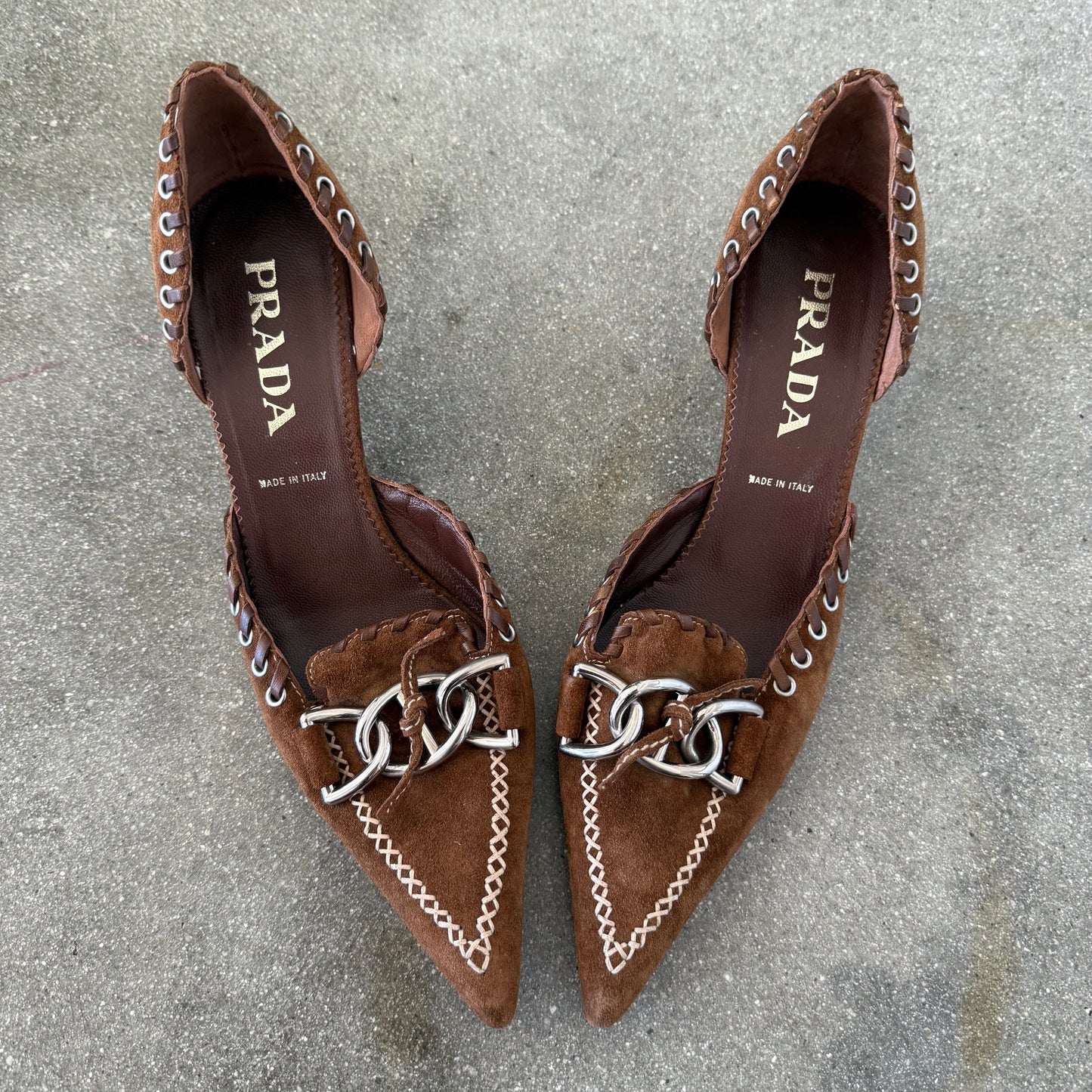SS02 Prada Tobacco Suede Whipstitch Heels - US 10.5-11