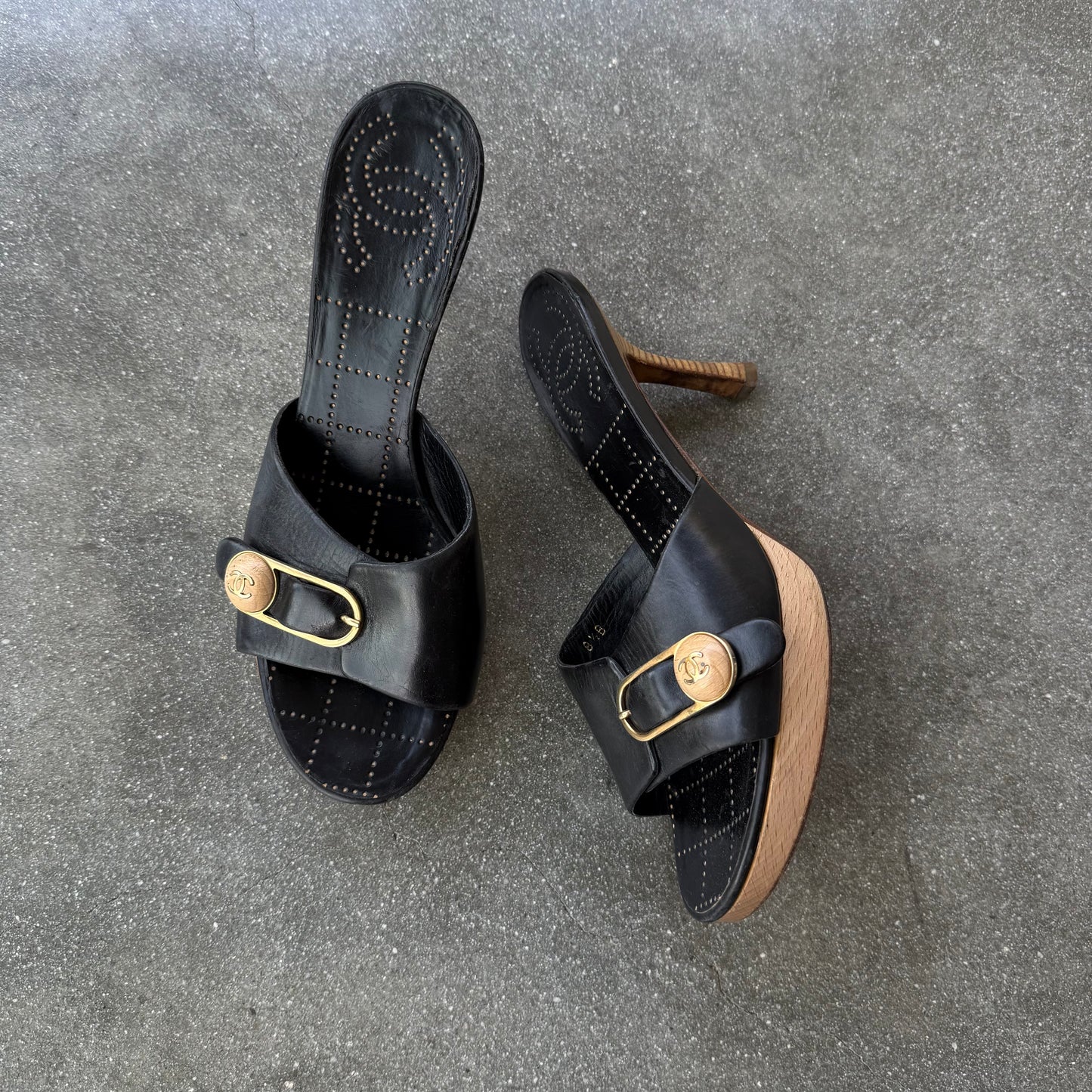 90s Chanel Leather Buckle Platform Mules - US 7-7.5