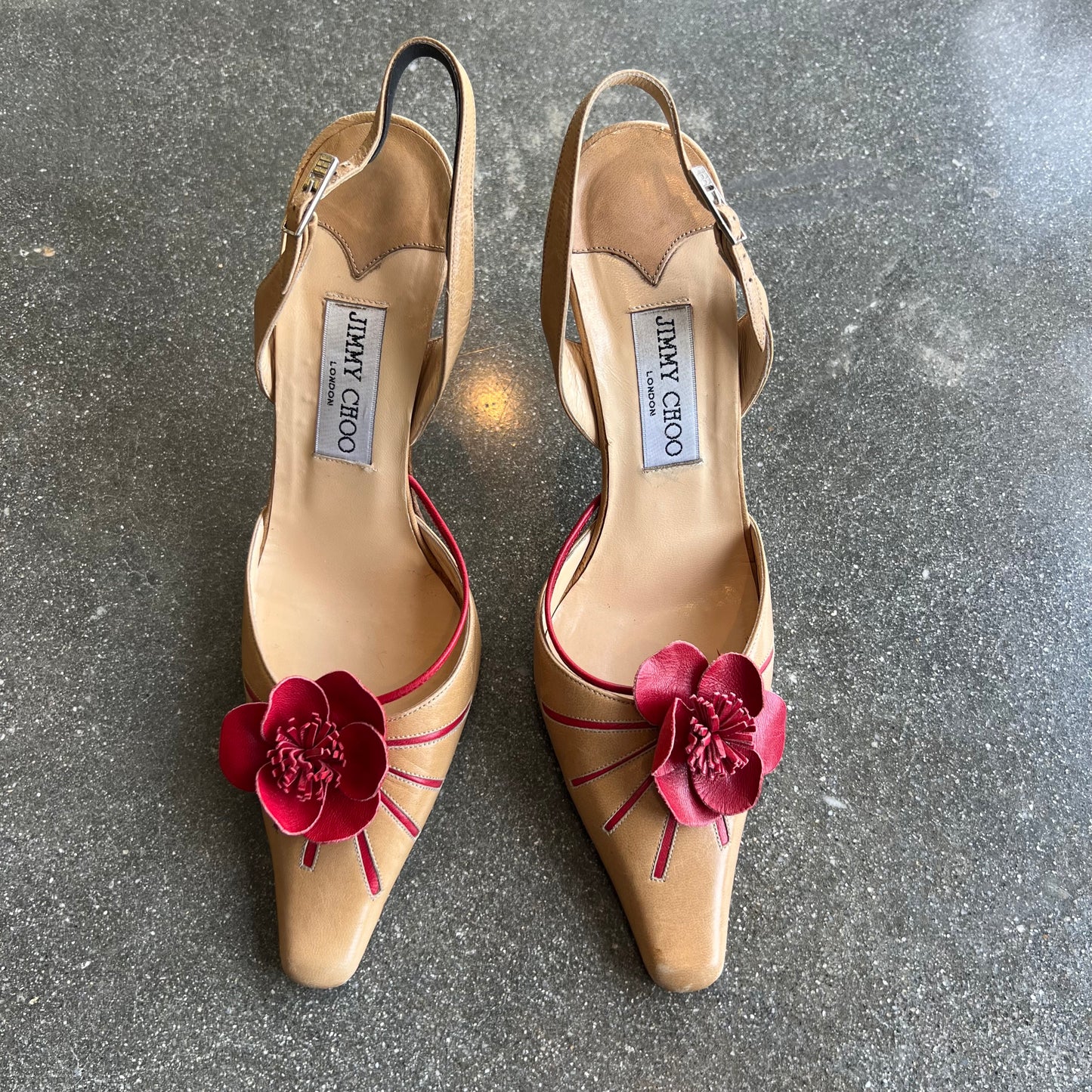 Jimmy Choo Leather Tan & Red Leather Rose Mules - US 6.5