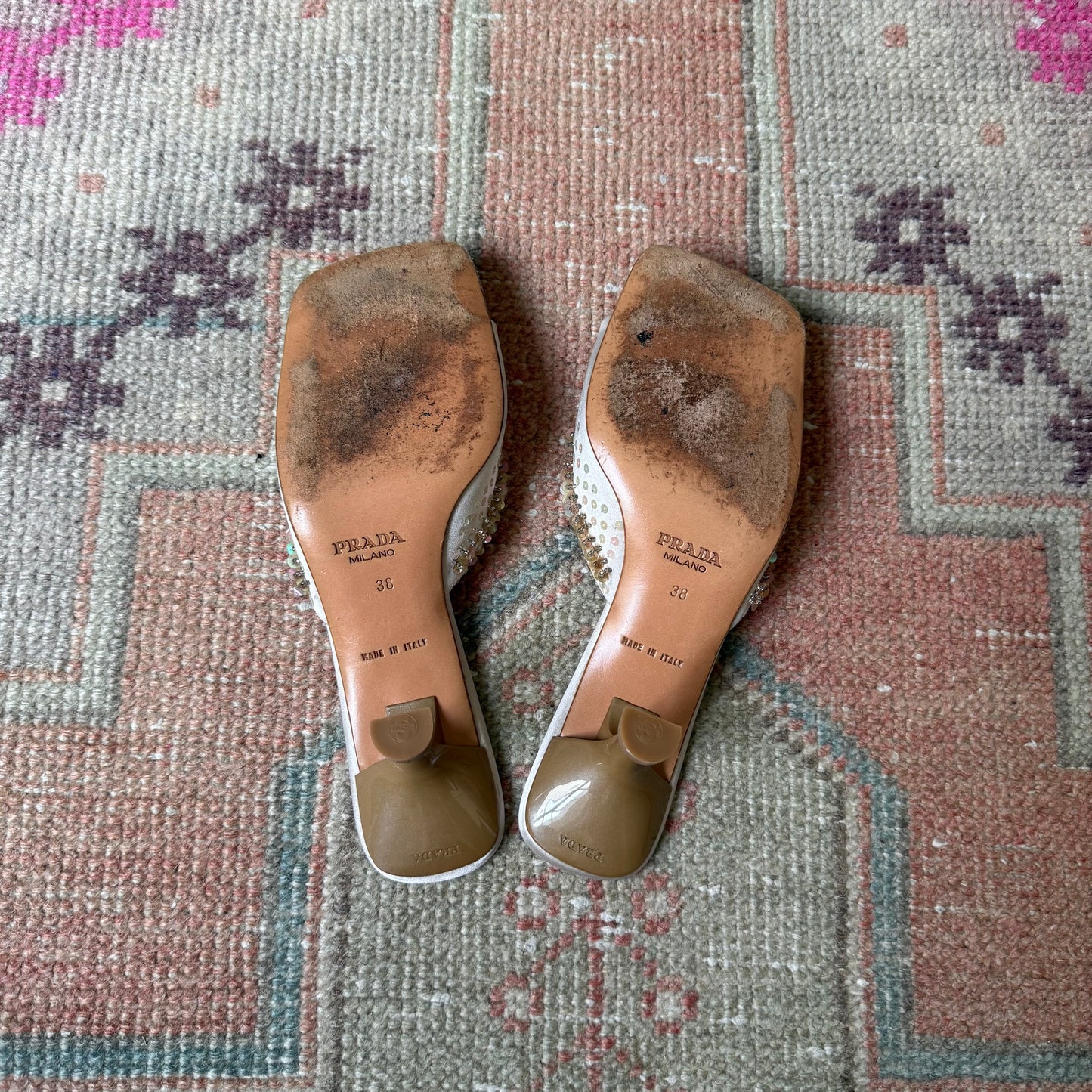 Spring 1999 Prada Silk Satin Sequin Mules - US 7.5