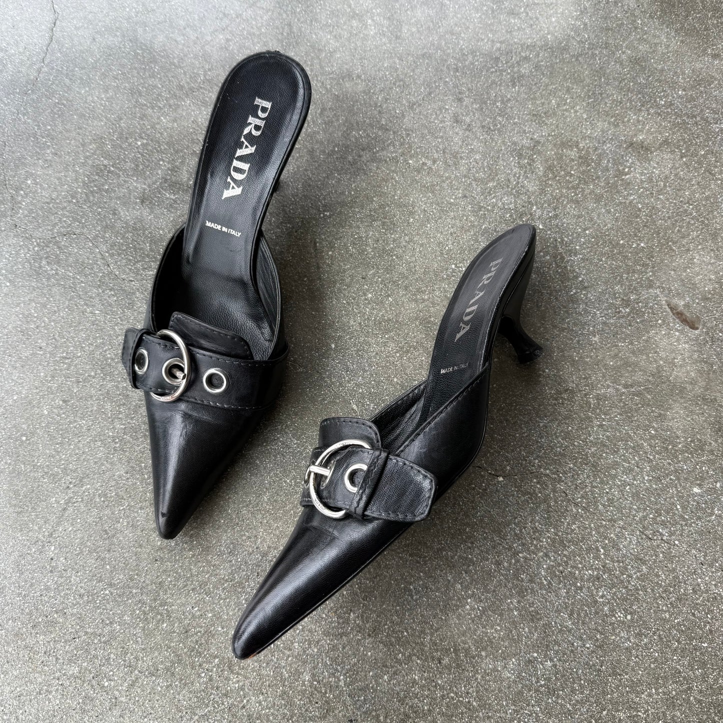 Spring 2002 Prada Black Leather Buckle Mules - US 8