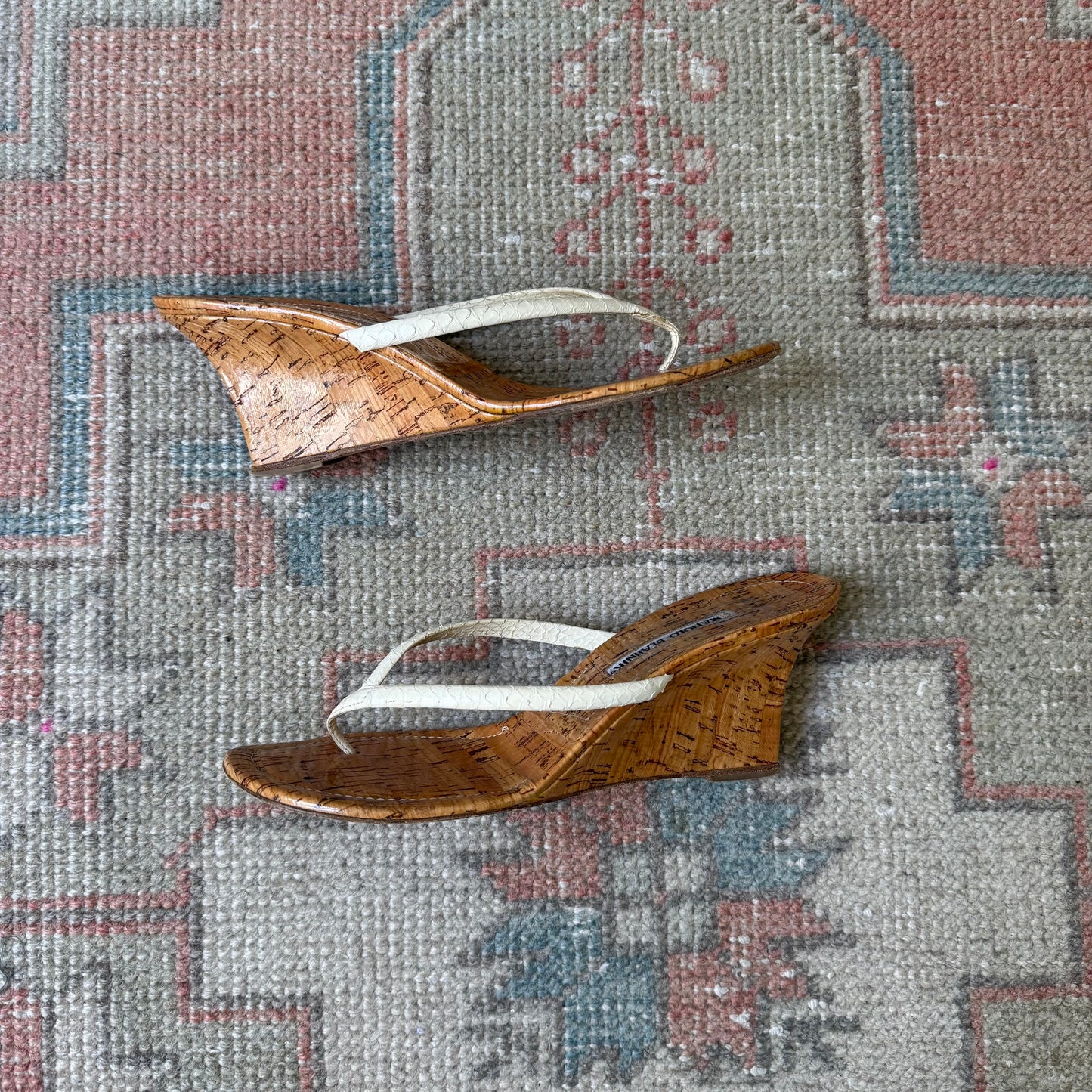 Manolo Blahnik White Watersnake Thong Wedge - US 8