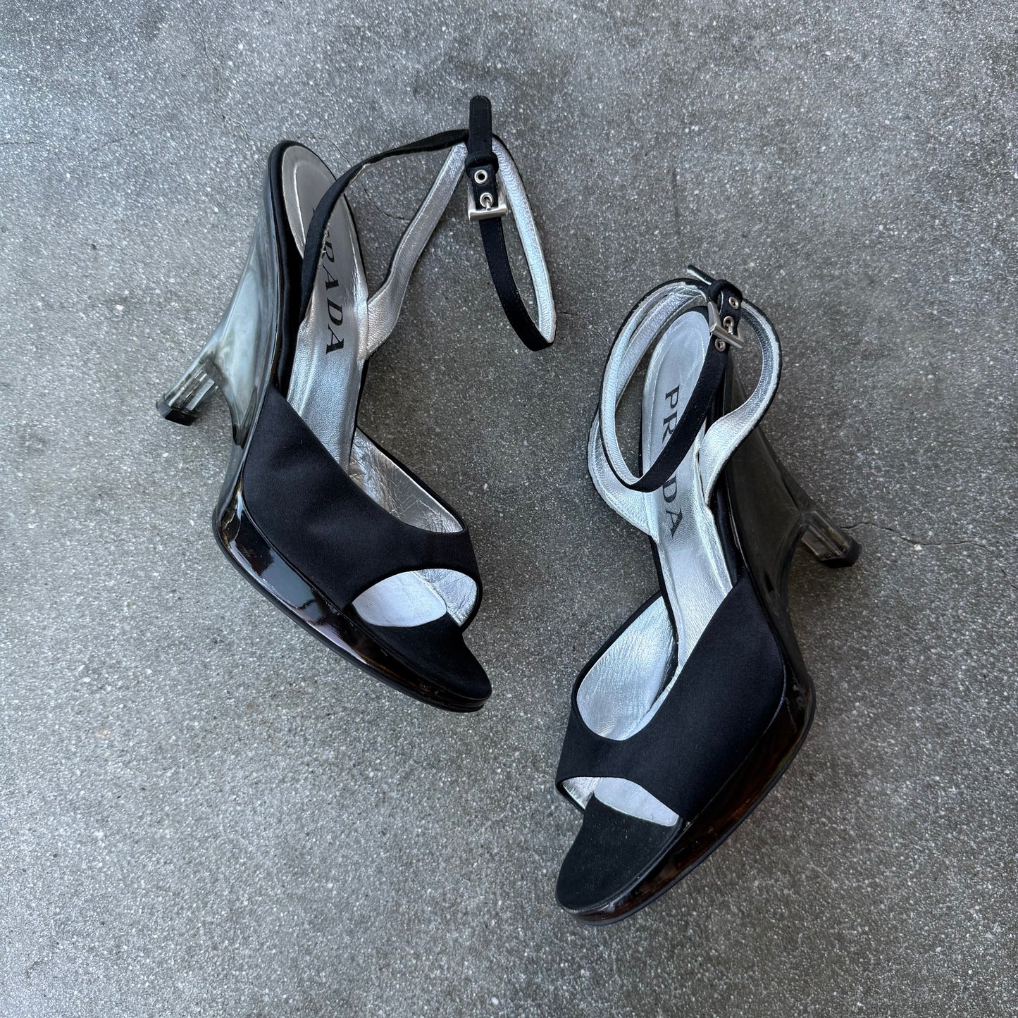 Prada SS98 Black Satin Lucite Sculptural Wedges - US 6.5
