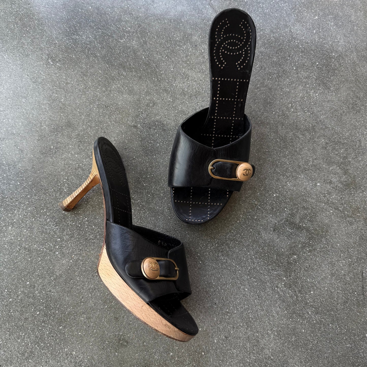 90s Chanel Leather Buckle Platform Mules - US 7-7.5