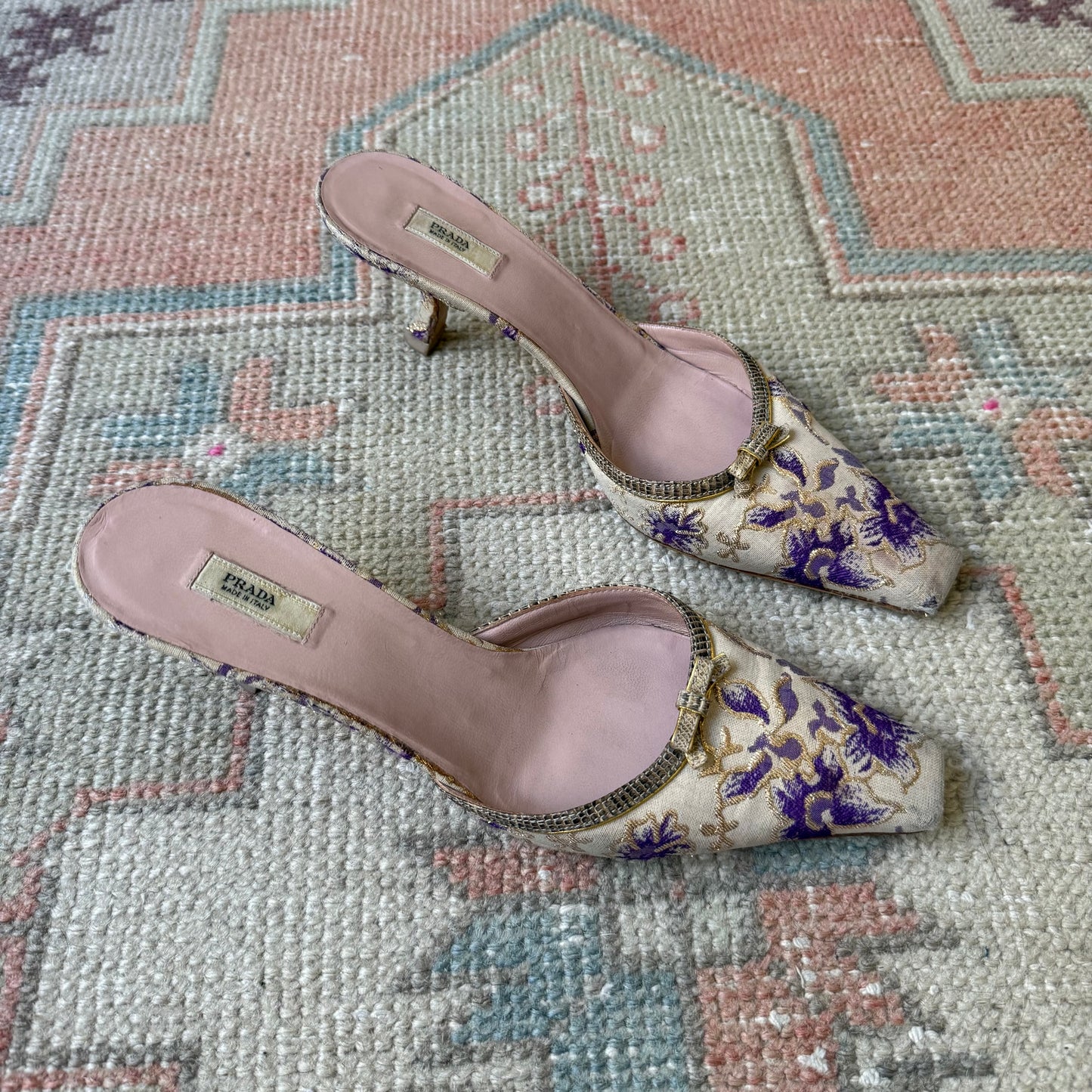 00s Prada Purple and Champagne Jacquard Lizard Mules - US 7.5
