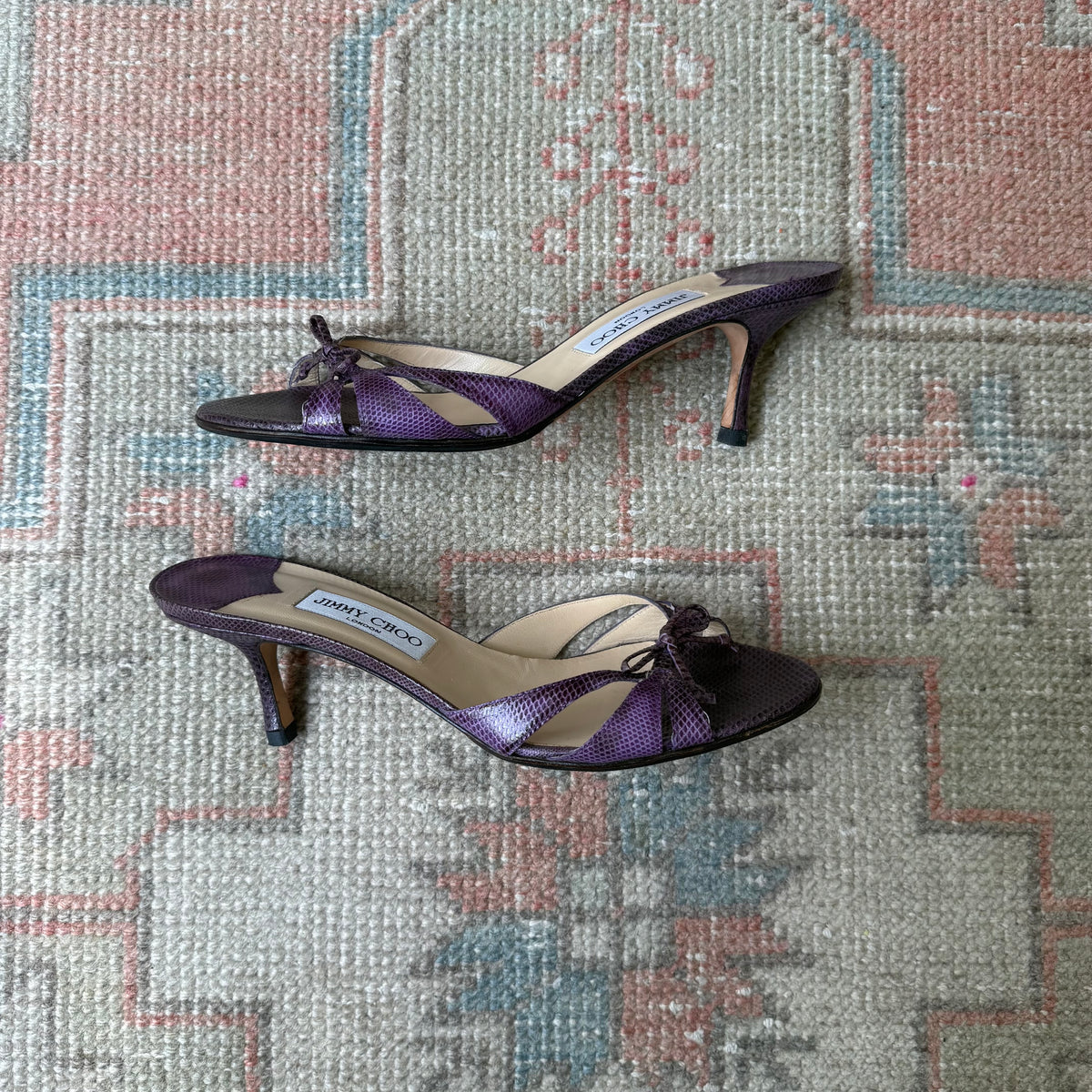 Y2K Jimmy Choo Purple Karung Bow Mules - US 9