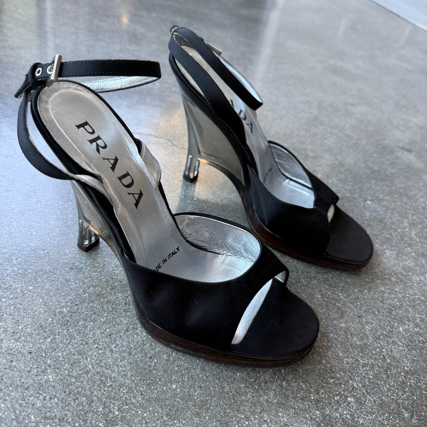 Prada SS98 Black Satin Lucite Sculptural Wedges - US 6.5