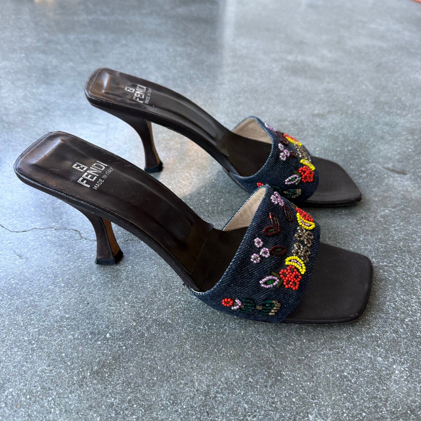 00s Fendi Beaded Denim Mules - US 8