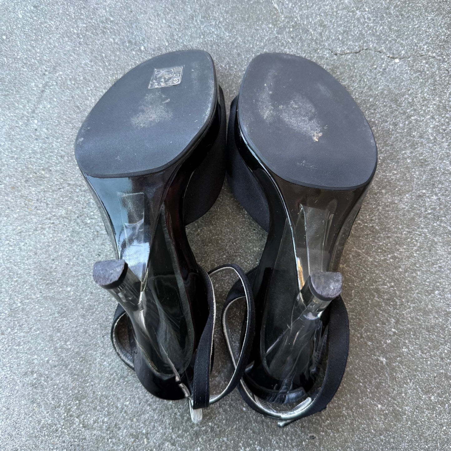 Prada SS98 Black Satin Lucite Sculptural Wedges - US 6.5