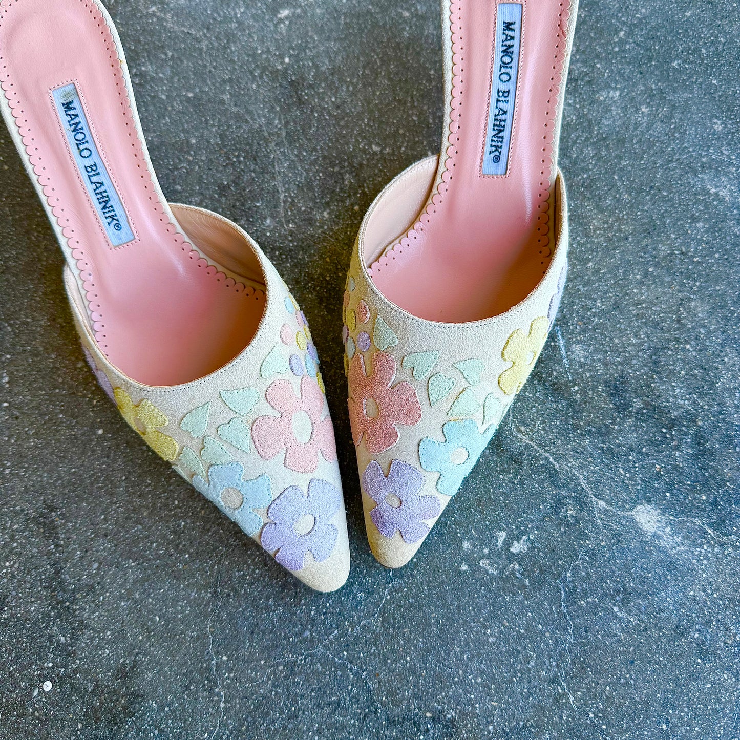 Suede Floral Patchwork Manolo Blahnik Mules - US 6.5