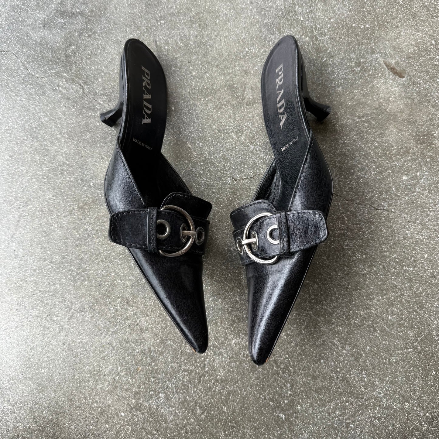Spring 2002 Prada Black Leather Buckle Mules - US 8