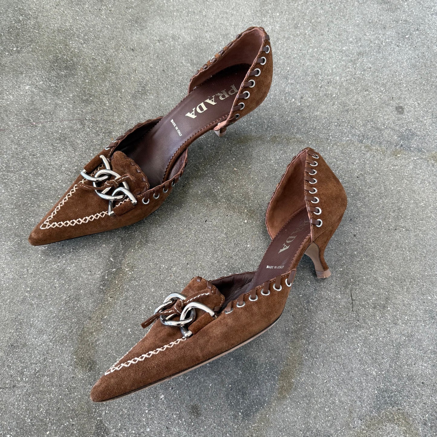 SS02 Prada Tobacco Suede Whipstitch Heels - US 10.5-11