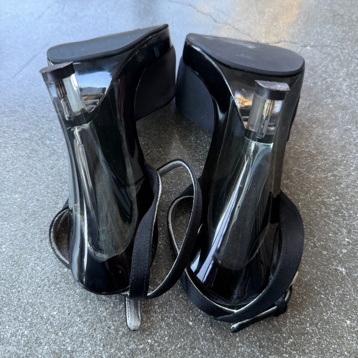 Prada SS98 Black Satin Lucite Sculptural Wedges - US 6.5
