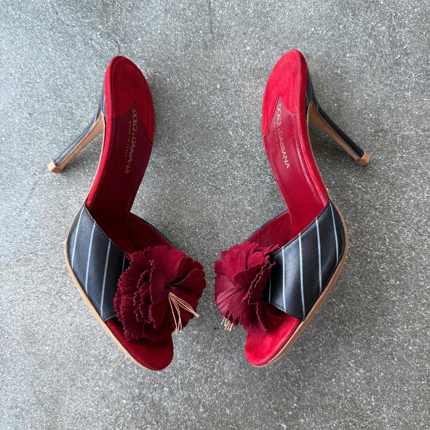 Early 00s Dolce & Gabbana Rosette Pinstripe Mules - US 7.5