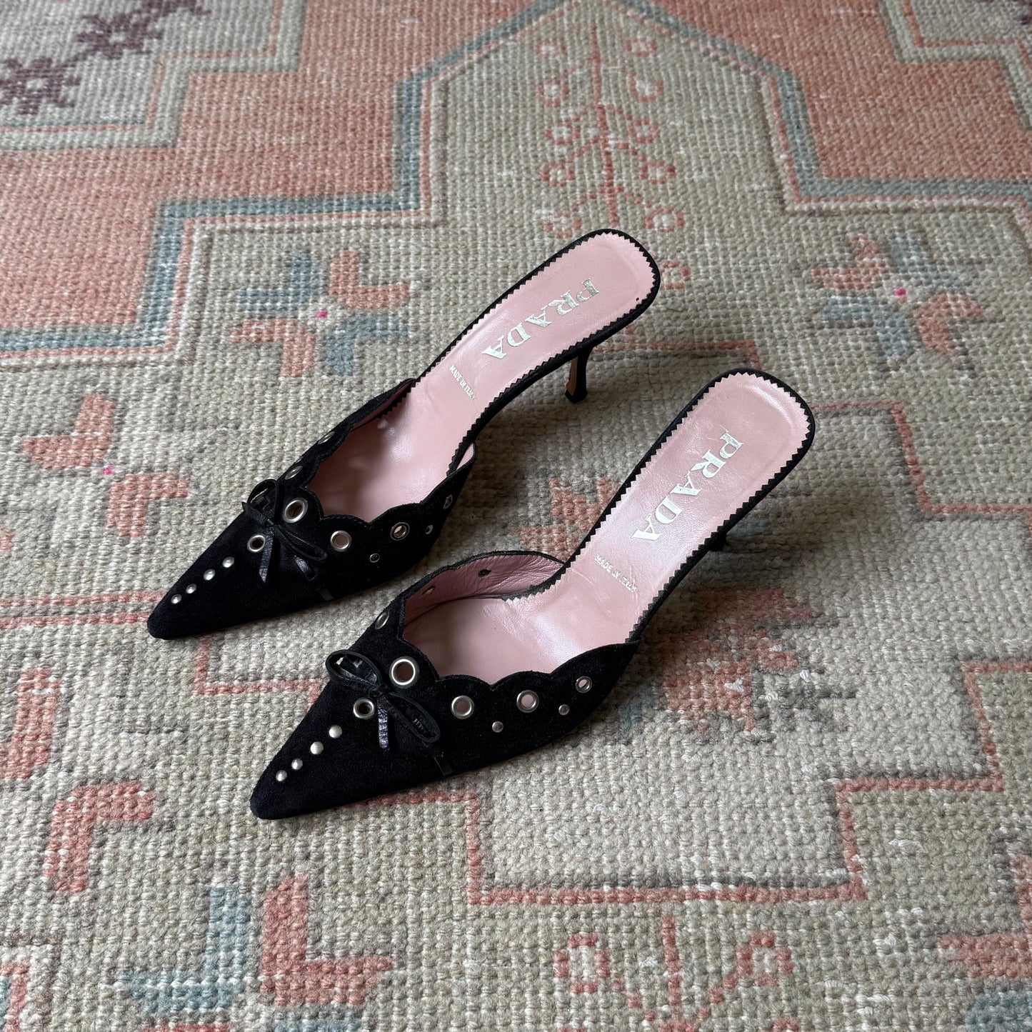 S/S2002 Prada Black Suede Grommet Mules - US 7.5