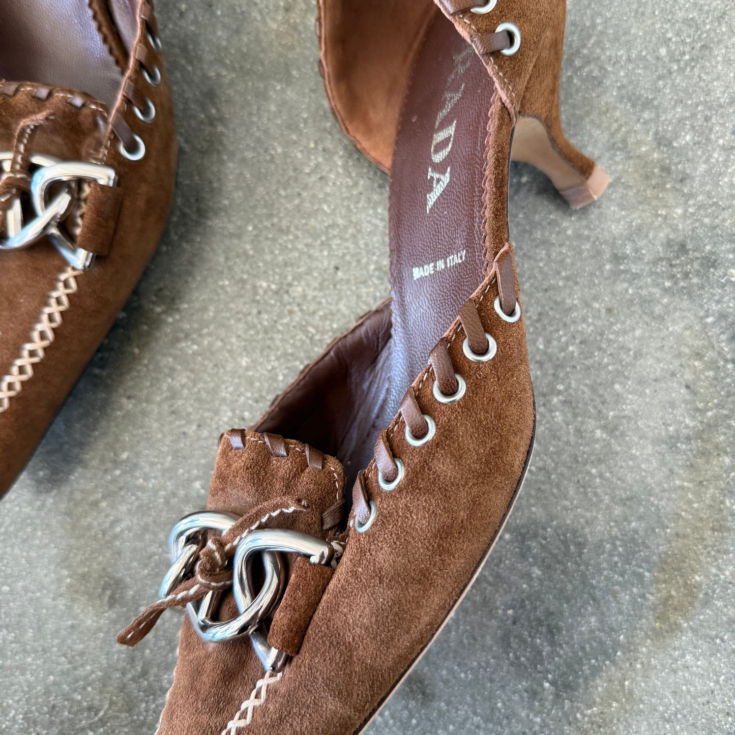 SS02 Prada Tobacco Suede Whipstitch Heels - US 10.5-11