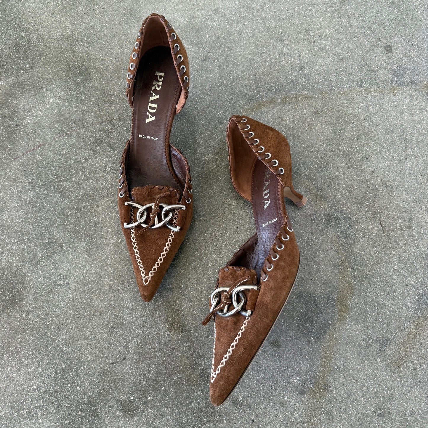 SS02 Prada Tobacco Suede Whipstitch Heels - US 10.5-11