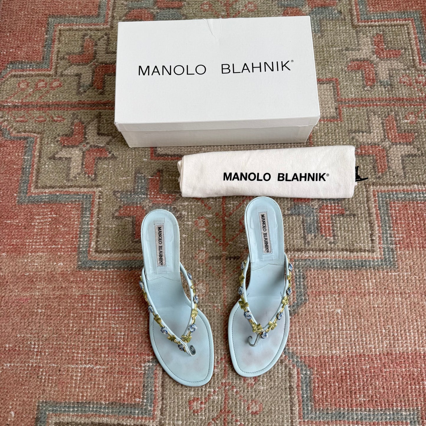 Y2K Baby Blue Manolo Blahnik Floral Thong Sandals - US 7.5