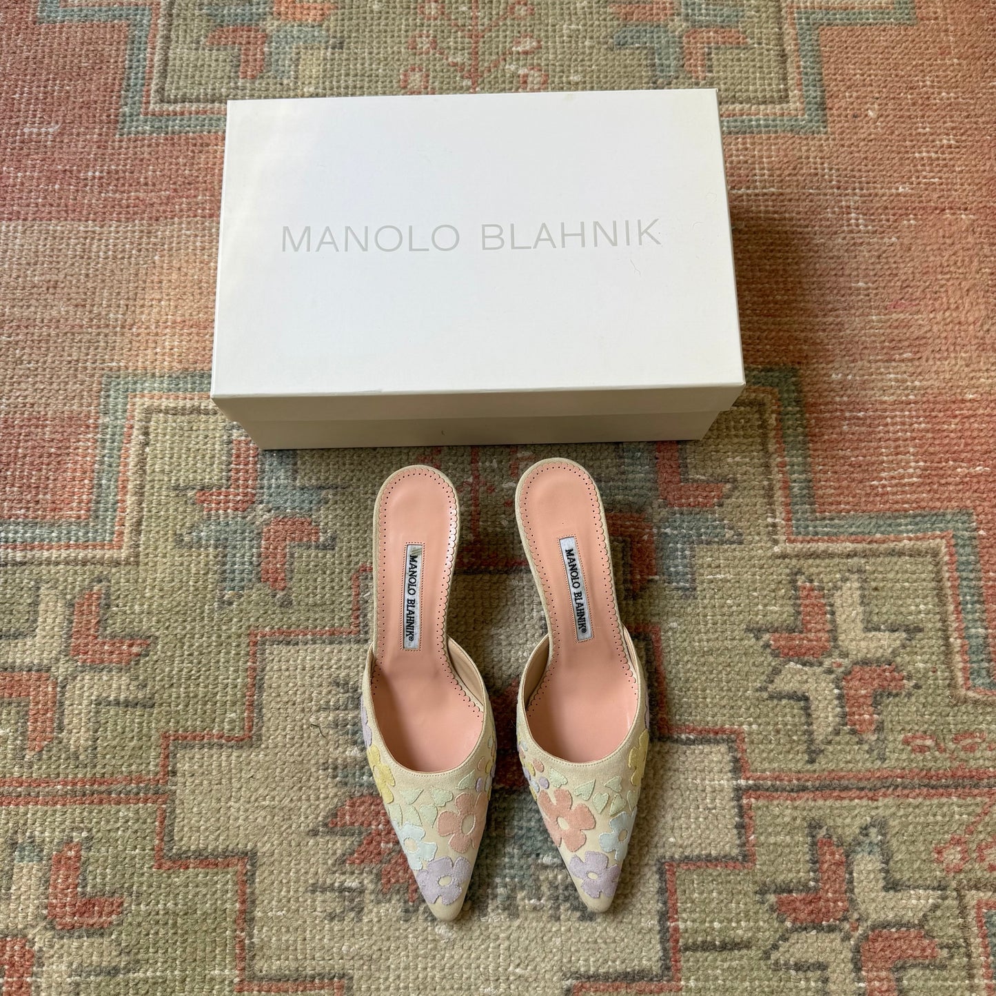 Manolo Blahnik Suede Floral Patchwork Mules - US 6.5