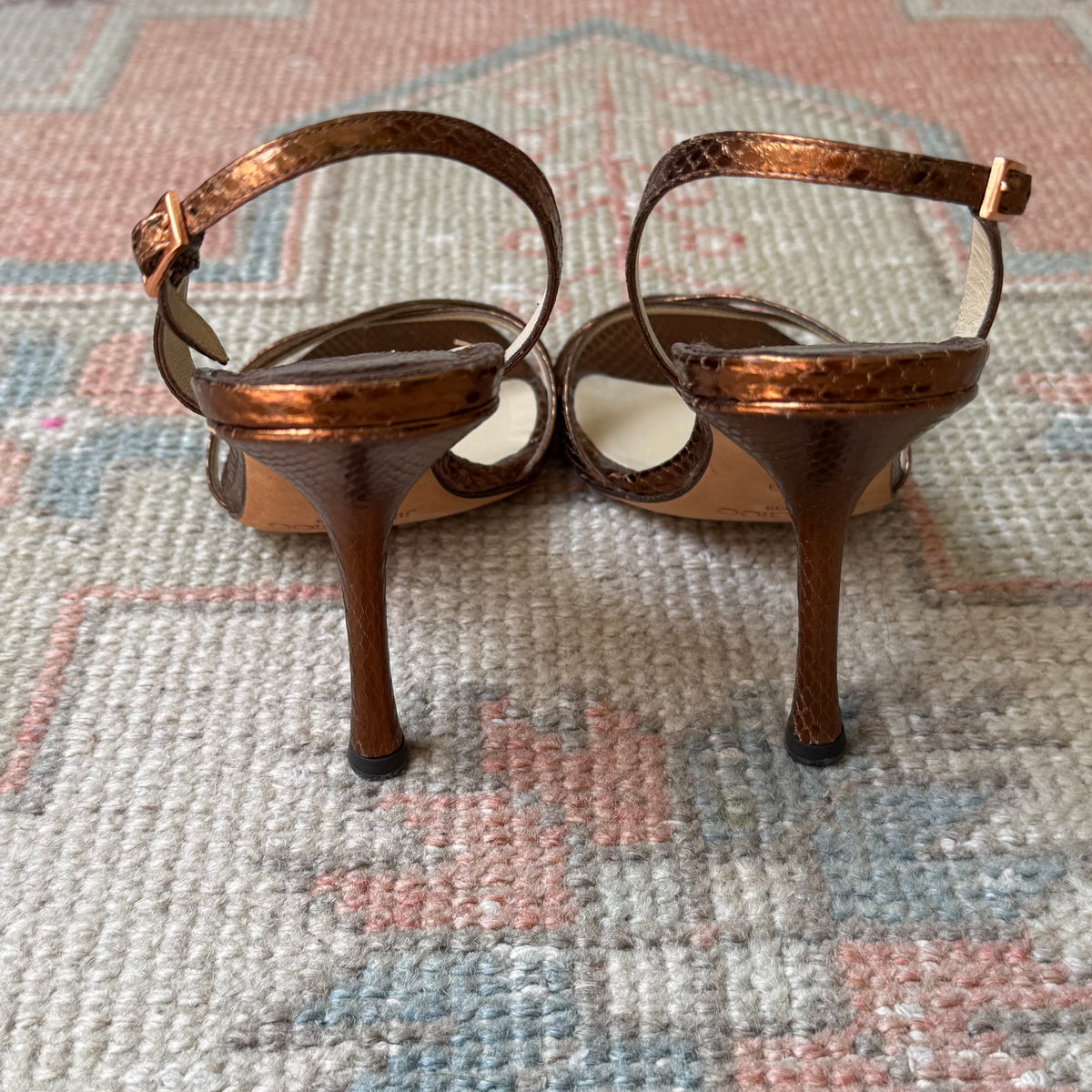 Y2K Bronze Jimmy Choo Snake-Embossed Sandals - US 7.5