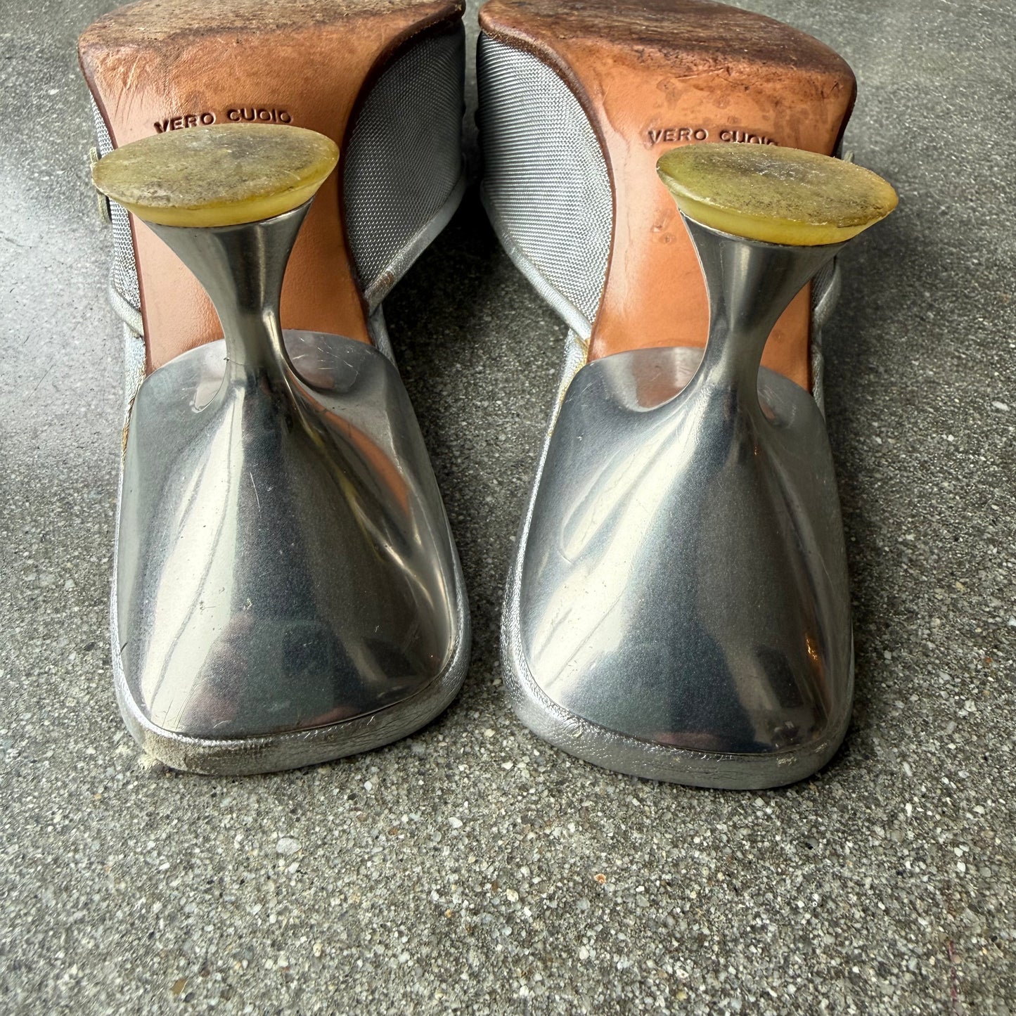 S/S1999 miu miu Silver Leather Floral Mules - US 8.5