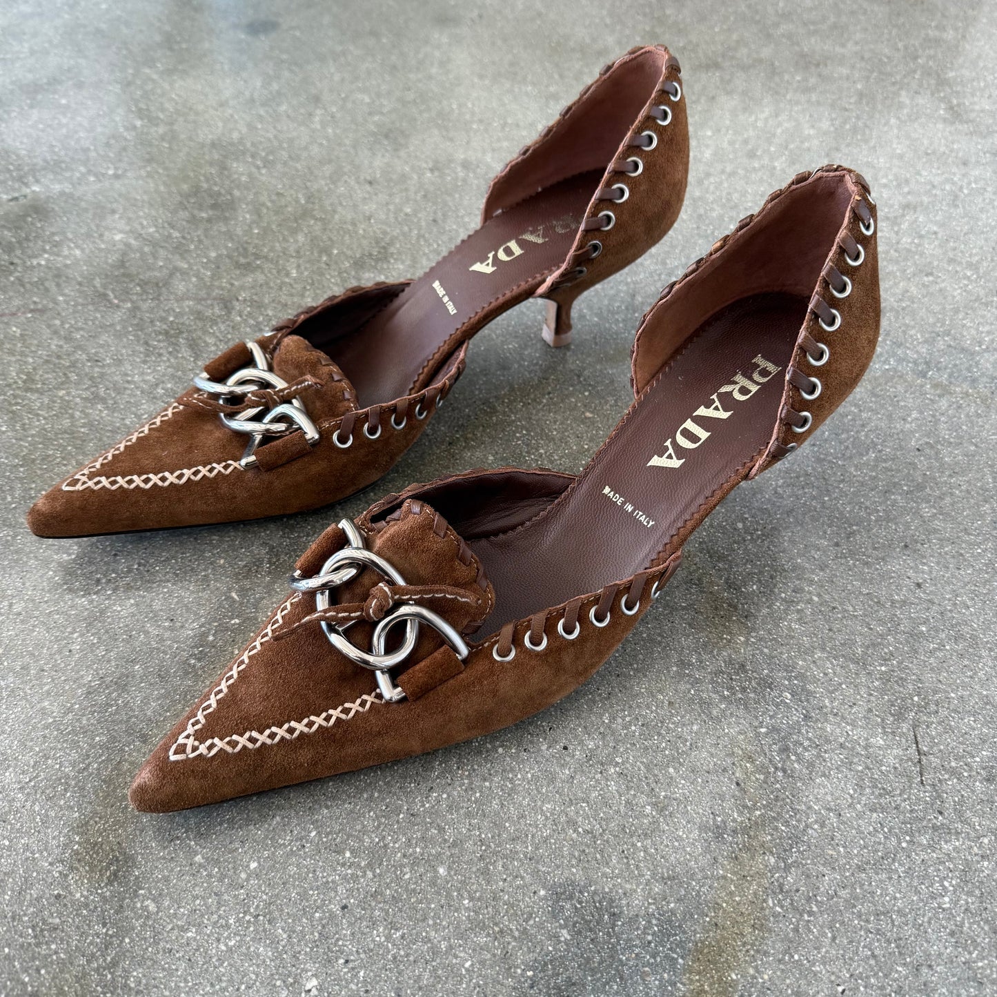 SS02 Prada Tobacco Suede Whipstitch Heels - US 10.5-11