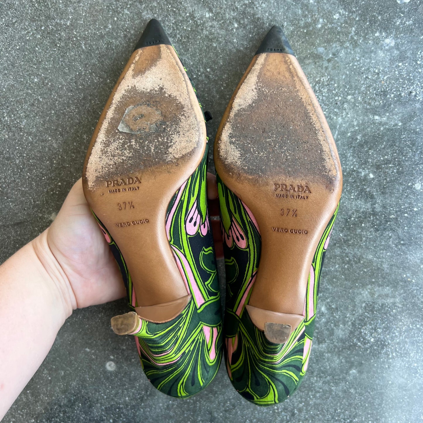 Prada Green and Pink Printed Bow Pumps - 37.5