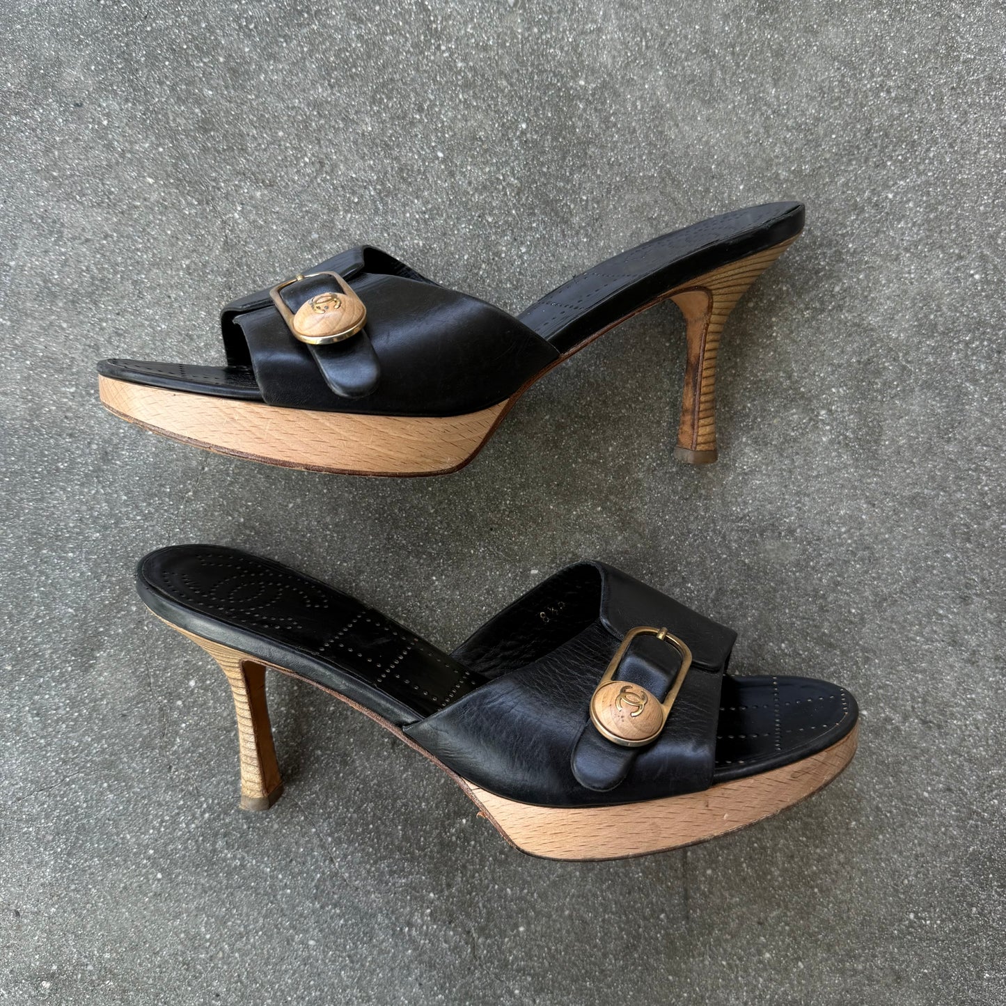 90s Chanel Leather Buckle Platform Mules - US 7-7.5