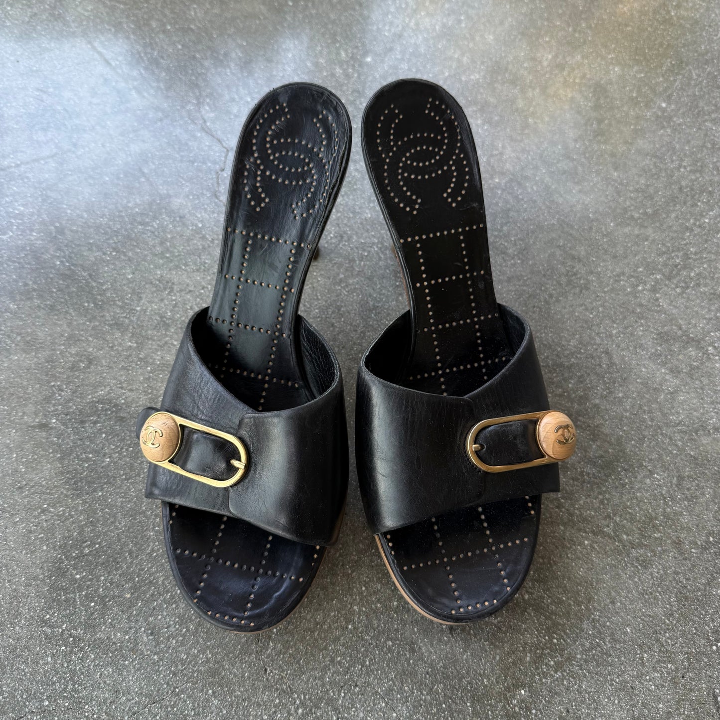 90s Chanel Leather Buckle Platform Mules - US 7-7.5