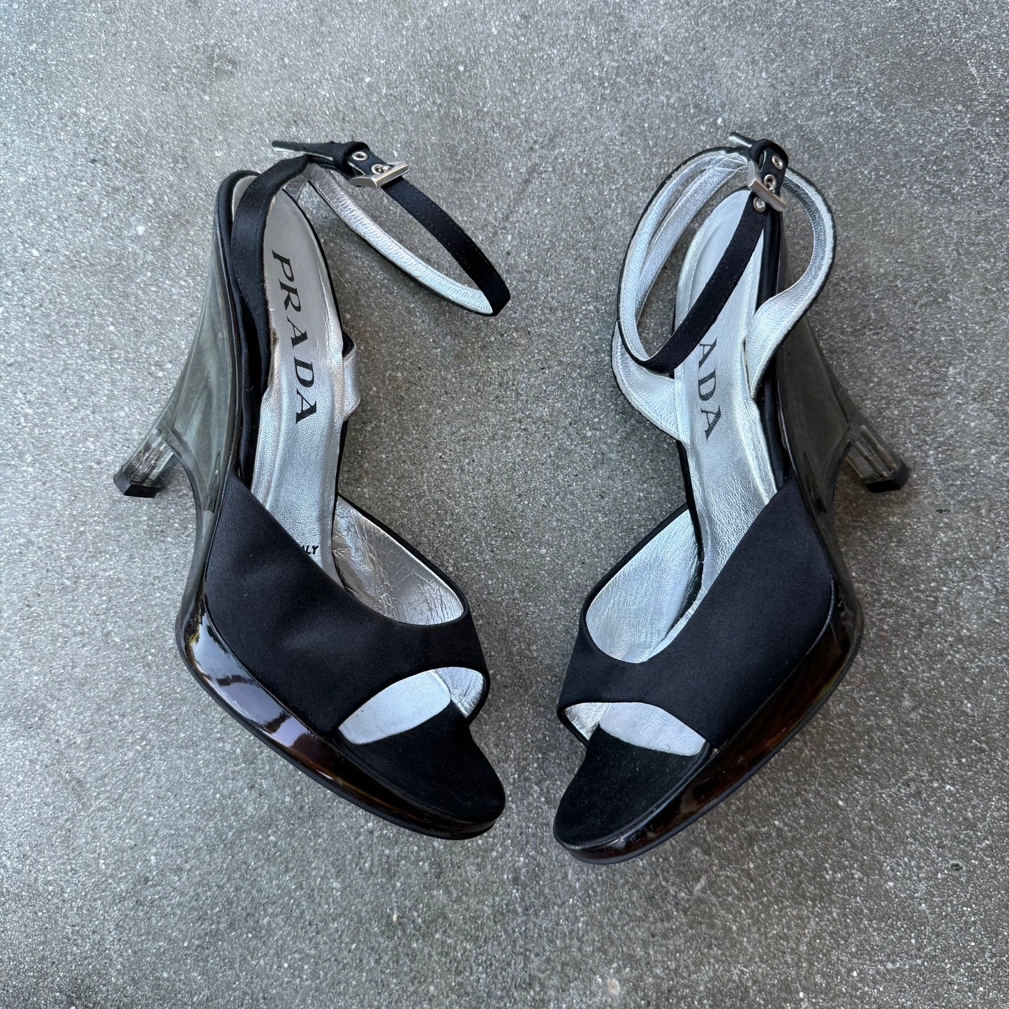 Prada SS98 Black Satin Lucite Sculptural Wedges - US 6.5