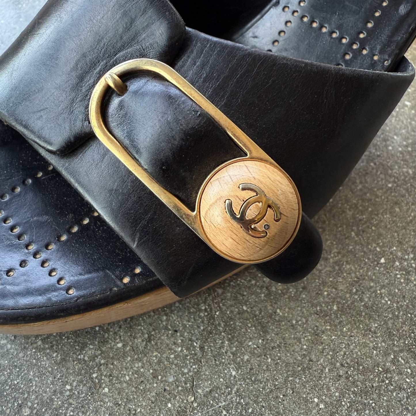 90s Chanel Leather Buckle Platform Mules - US 7-7.5