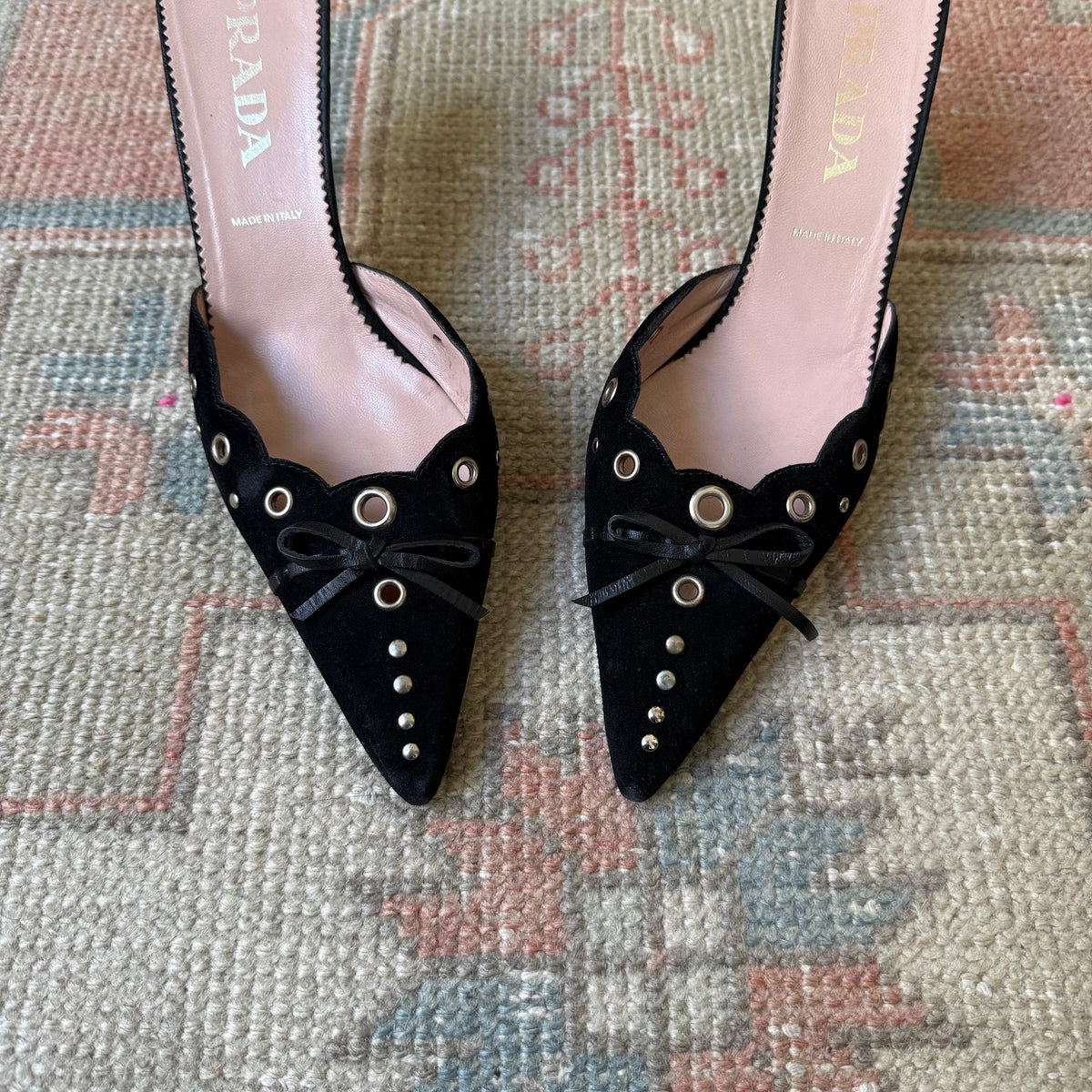 S/S2002 Prada Black Suede Grommet Mules - US 9.5