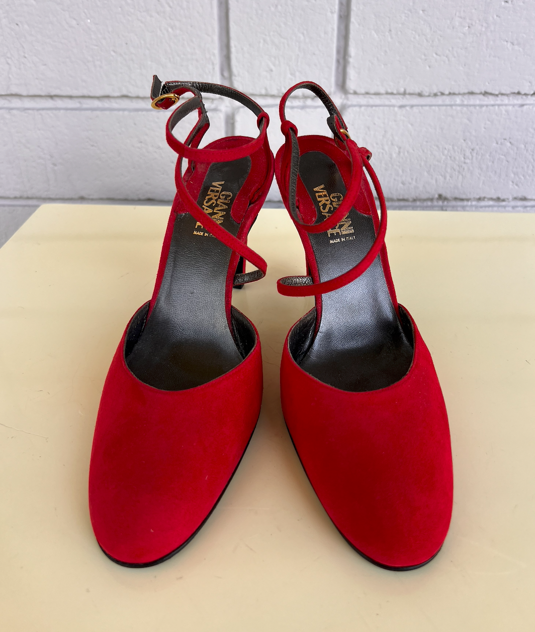 90s Gianni Versace Red Suede Strappy Slingbacks 37.5