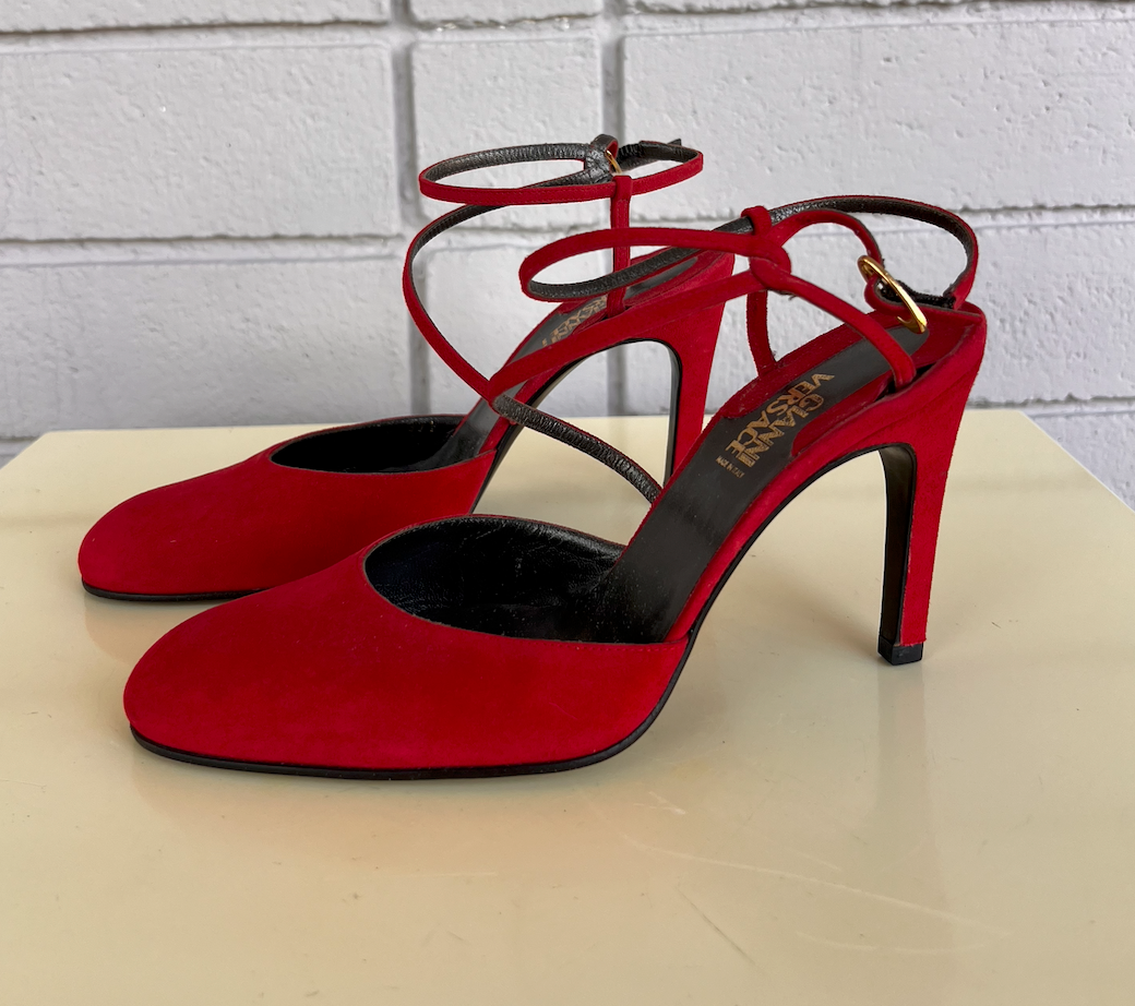 90s Gianni Versace Red Suede Strappy Slingbacks 37.5