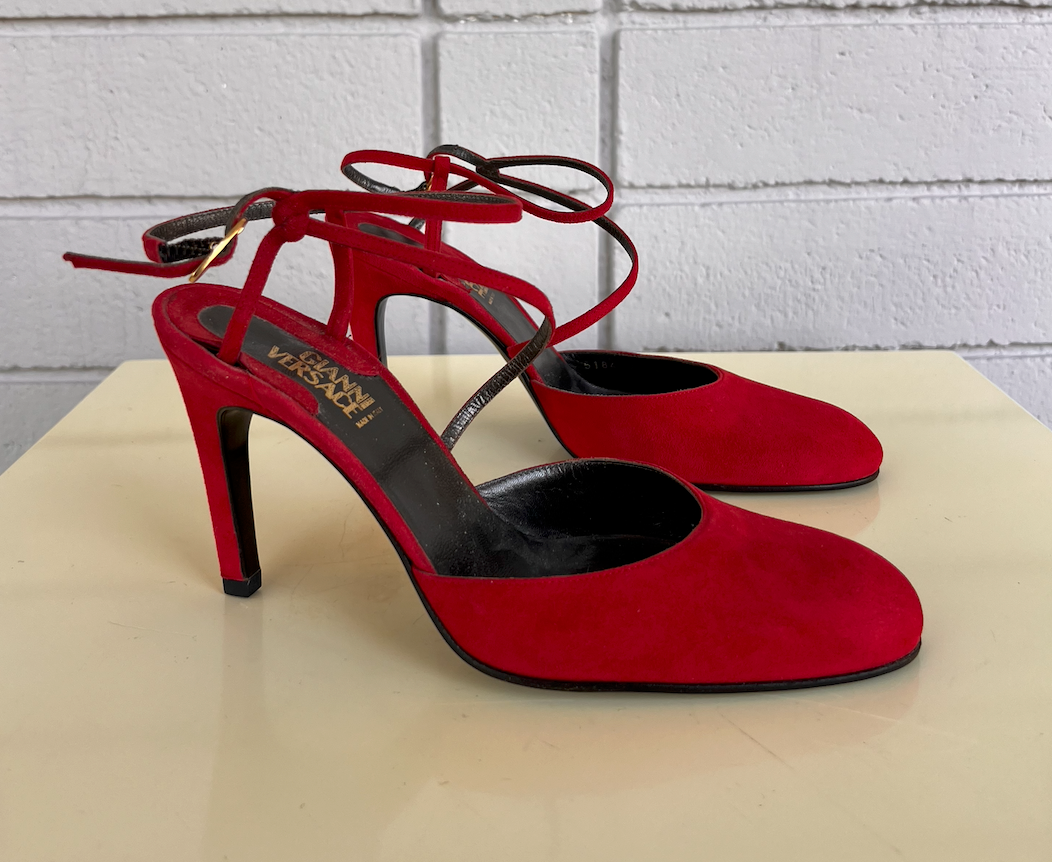 90s Gianni Versace Red Suede Strappy Slingbacks 37.5