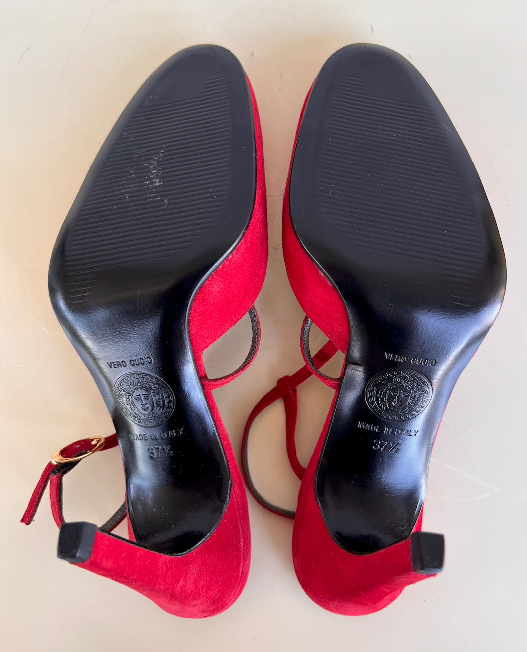90s Gianni Versace Red Suede Strappy Slingbacks 37.5