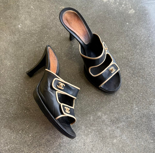 90s Black and White Chanel Mules - US 7