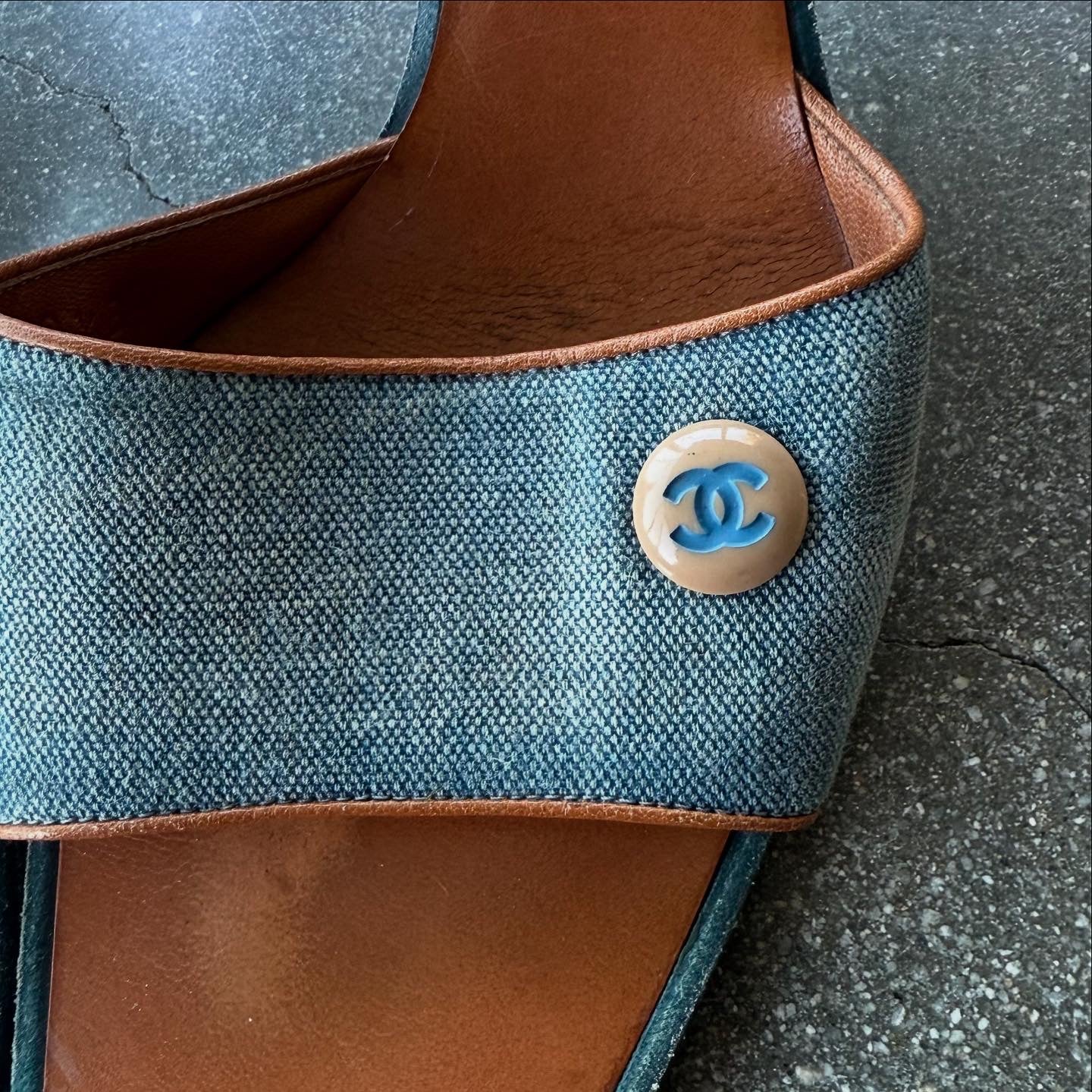 Early 00s Chanel Blue Canvas & Leather Mules - US 8