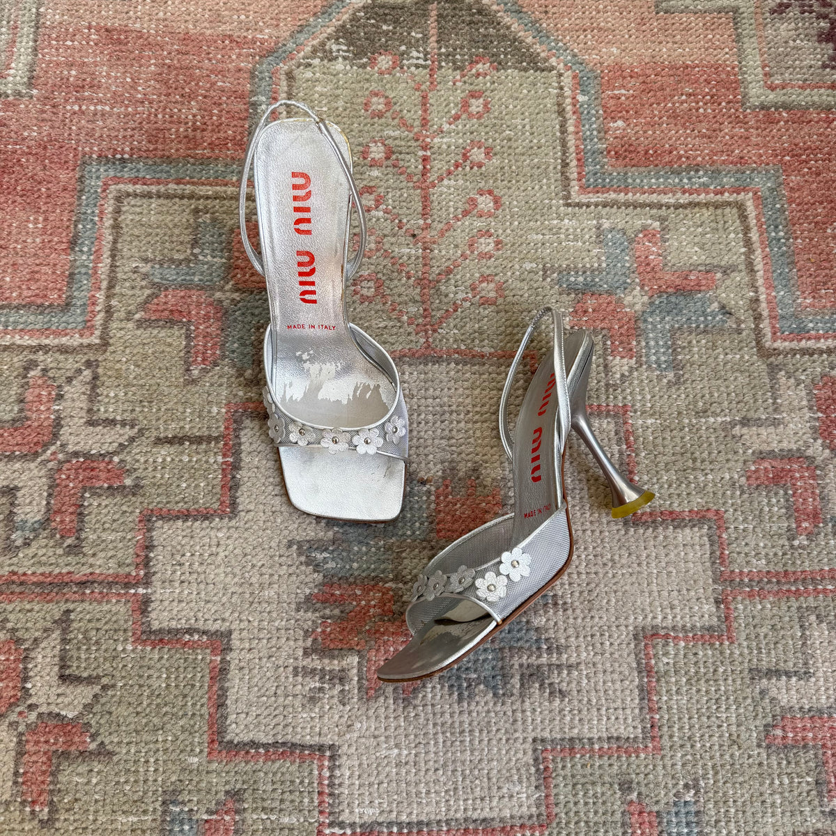 F/W1999 miu miu Silver Floral Slingbacks - US 7