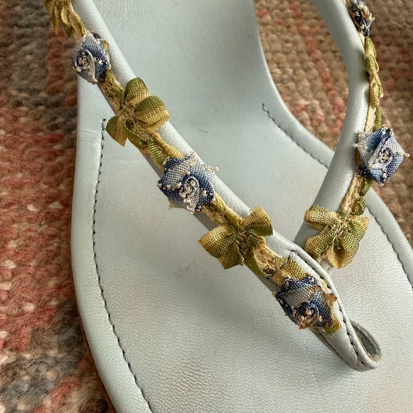 Y2K Baby Blue Manolo Blahnik Floral Thong Sandals - US 7.5