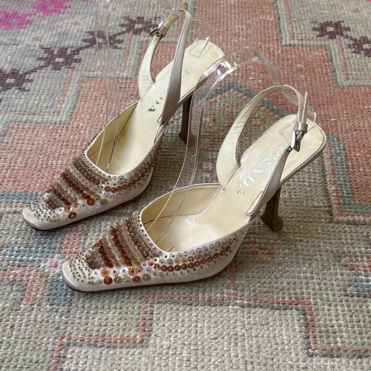 S/S1999 Prada Champagne Paillette Slingback Mules - US 7