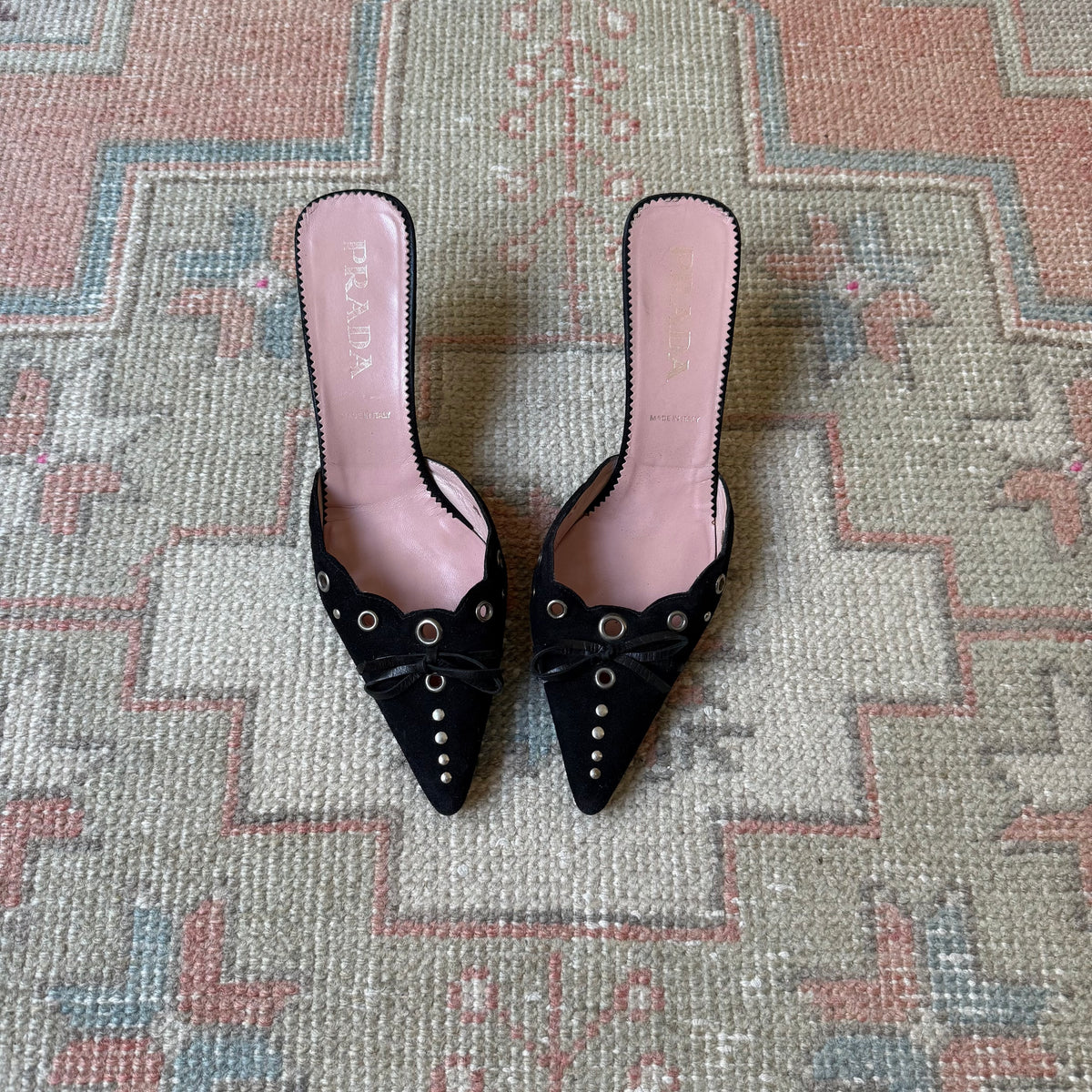 S/S2002 Prada Black Suede Grommet Mules - US 7-7.5